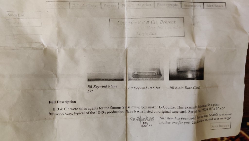 LeCoultre Music Box. Marked BB and Cie. Circa 1840, 6 airs shown on original tune card. Serial number 25058. 18" x 6" x 5". 10.5" cylinder with key wind. and Cie. Circa 1840, 6 airs shown on original tune card. Serial number 25058. 18" x 6" x 5". 10.5" cylinder with key wind.
